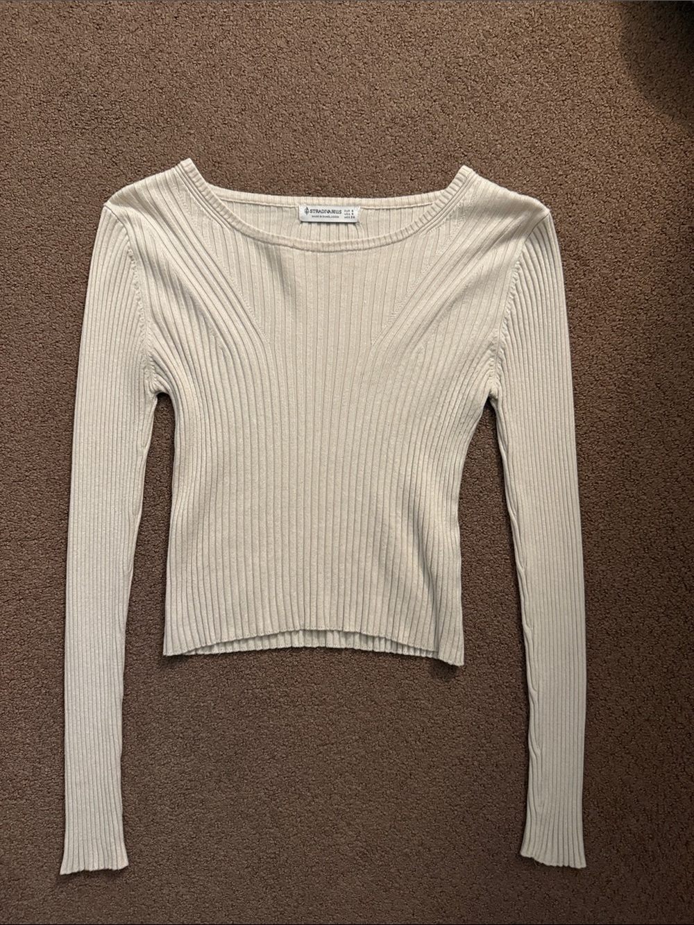 stradivarius Cream Ribbed Scoop-Neck Long Sleeve Top